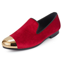 Gold Cap Toe Flat Red Velvet Loafers Slippers Women Dress Shoes